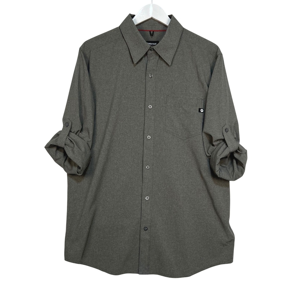Marmot Gray Taupe Long Sleeve Button Up Mens Large Roll Tab Hiking Shirt 42110